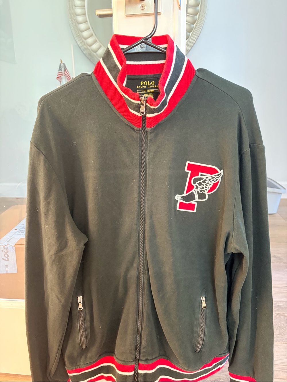 Polo by Ralph Lauren Black Track Jacket with Red Trim and P-Wing Logo Sz L